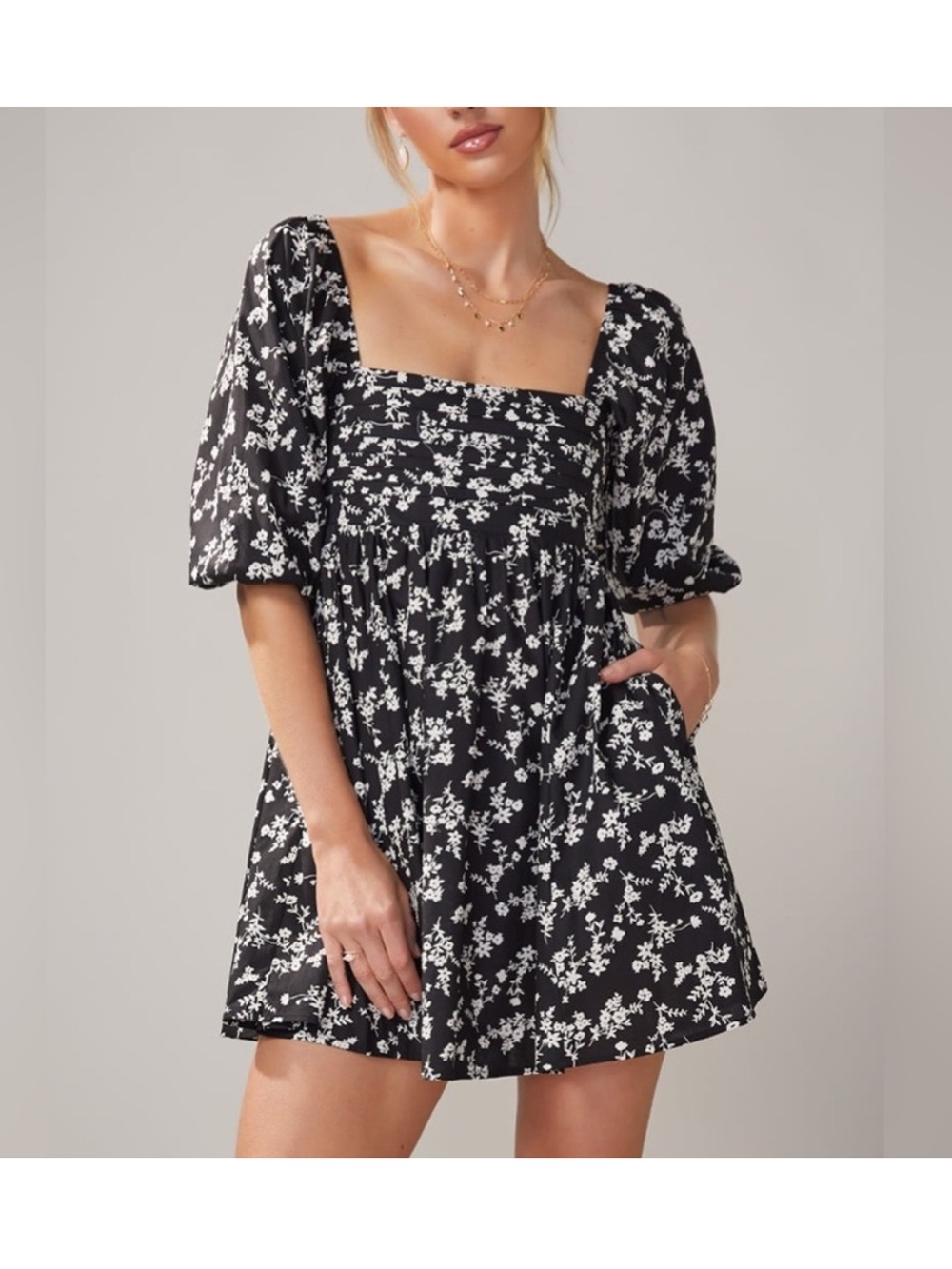 Black & White Floral Square-Neck Babydoll Dress